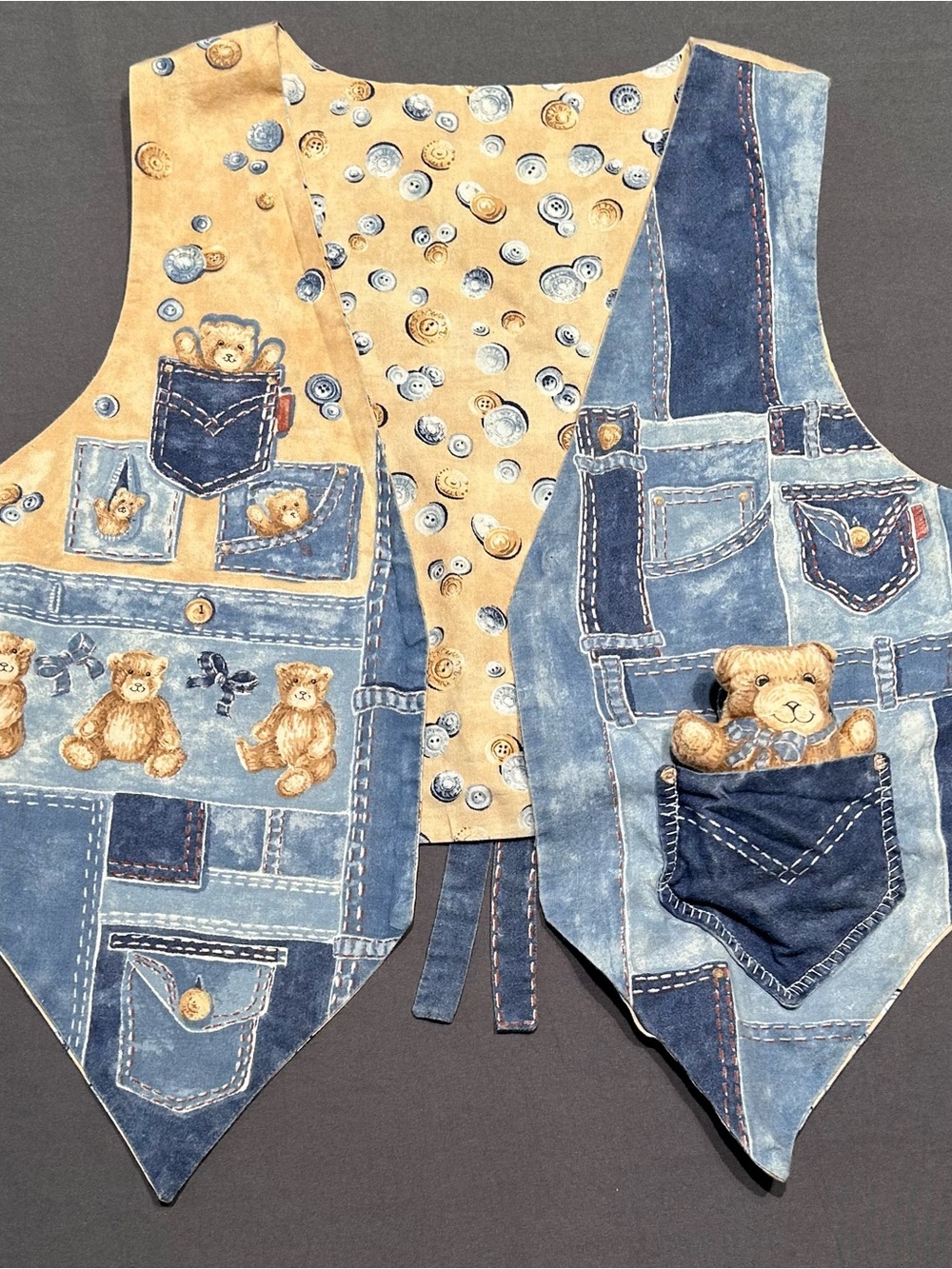 Vintage Handmade Blue & Tan Denim & Bear Themed Children’s Vest